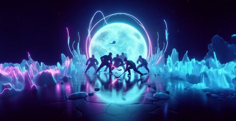  Ice hockey - Ice hockey match - 2 teams in the space under the stars - digital neon 3d illustration in space