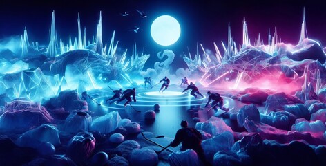Ice hockey - Battle match between ice and fire in space, digital neon 3d illustration. 