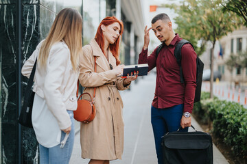 Diverse group of professionals collaborate, analyze statistics, and brainstorm business strategies in an urban city setting.