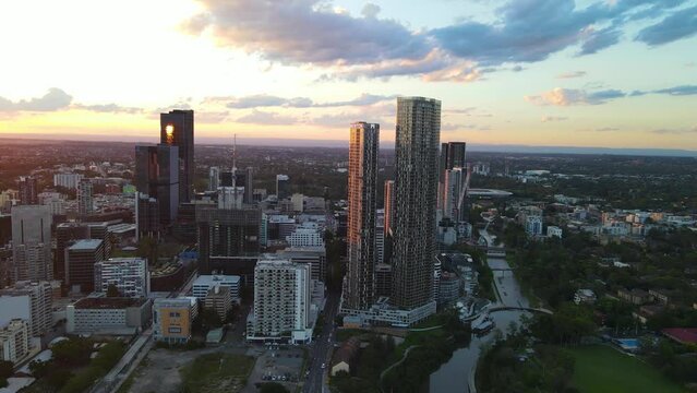 Aerial drone view of Parramatta cbd in Sydney, NSW Australia during a late afternoon sunset in December 2023