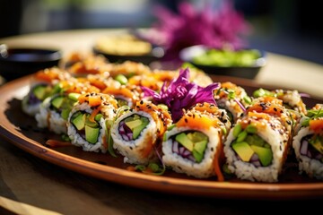 A stunning snapshot captures a plate adorned with an assortment of vegan sushi rolls, each a unique culinary masterpiece, featuring ingredients like misoglazed eggplant, marinated sesame