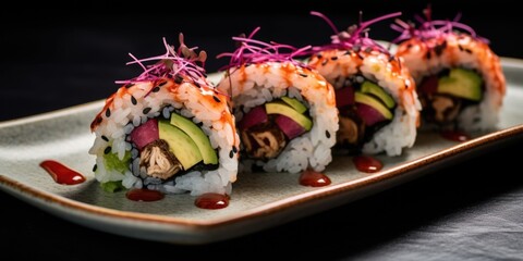 Capturing the essence of umami, a closeup shot exhibits a vegan sushi roll encased in vibrant pink beetinfused rice, generously filled with plump shiitake mushrooms saut ed in a savory soyglaze,