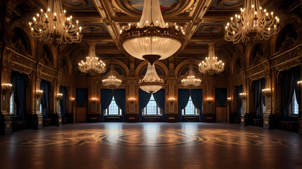 Historic Ballroom with Ornate Chandeliers and Unfilled Dance Floor - obrazy, fototapety, plakaty