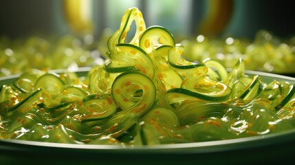 A whimsical shot that captures the playfulness of pickle relish, with vibrant green and yellow swirls winding together in a small bowl, providing a burst of tangy sweetness to enhance any