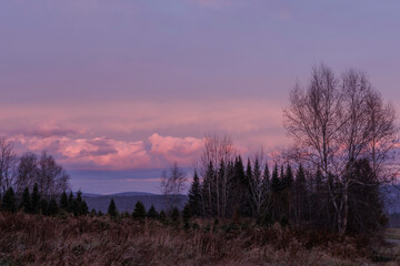 Craftsbury Common Hill, pink light before sunrise, looking west