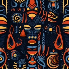 repeating abstract pattern with African mask Motifs