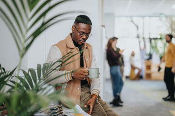 Confident African man discussing business opportunities alone in a successful office environment while enjoying his tea.