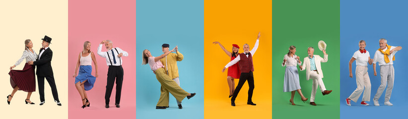 Romantic date. Lovely couple dancing on color backgrounds, set of photos