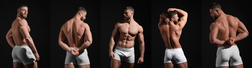 Muscular man in stylish white underwear on black background, collection of photos