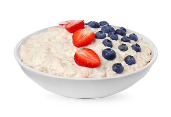 Tasty boiled oatmeal with berries in bowl isolated on white