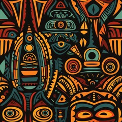 repeating abstract pattern with African mask Motifs