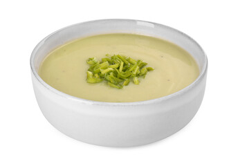 Bowl of delicious leek soup isolated on white