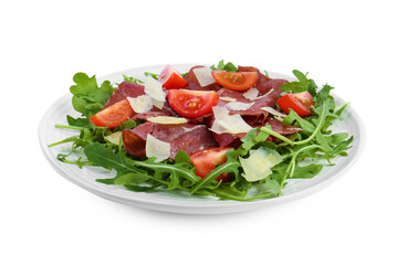 Delicious bresaola salad with parmesan cheese isolated on white