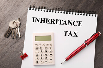 Inheritance Tax. Notebook, keys and office stationery on grey table, flat lay