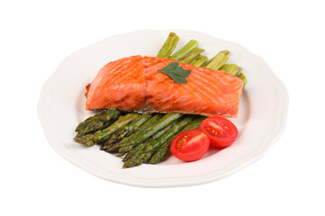 Tasty grilled salmon with tomatoes and asparagus isolated on white
