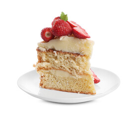 Piece of tasty cake with fresh strawberries and mint isolated on white