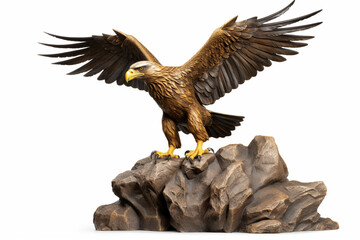 The golden eagle statue spreads its wings to catch fish on the rock. isolated on white background - obrazy, fototapety, plakaty
