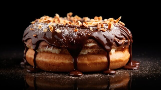 An alluring image capturing a unique donut creation featuring a warm and gooey Nutella center, enveloped by a light and airy doughnut shell, dusted with cocoa powder for a touch of decadence.