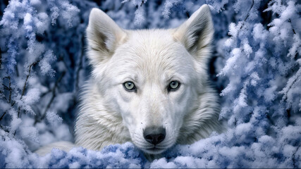 white wolf in snow, staring at the viewer, generative ai