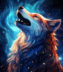 A wild wolf howls at the moon in the blue night.  - obrazy, fototapety, plakaty