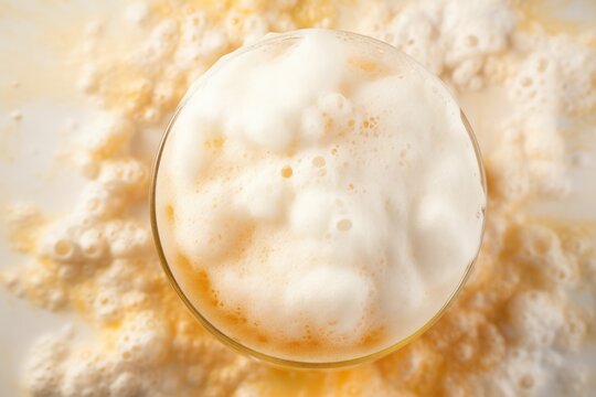 In this enticing image, a Farmhouse ale captured from an overhead perspective showcases a gracefully frothy head, like a fluffy white cloud floating atop the beautiful amber liquid below.