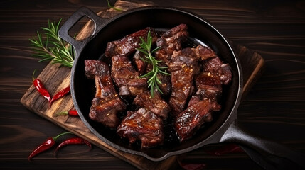 Top view on teriaki sauce beef ribs in a pan on the dark wooden table. AI Generative
