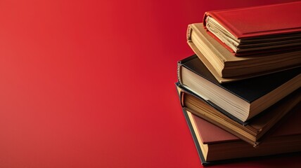 A neat stack of hardcover books on a vibrant red background - Powered by Adobe