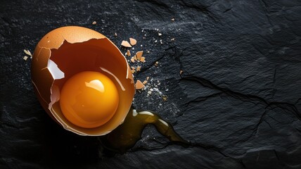Cracked egg with yolk on dark slate background - obrazy, fototapety, plakaty