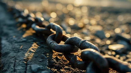 Foto op Plexiglas A rusty chain lies on the ground bathed in sunlight © Artyom