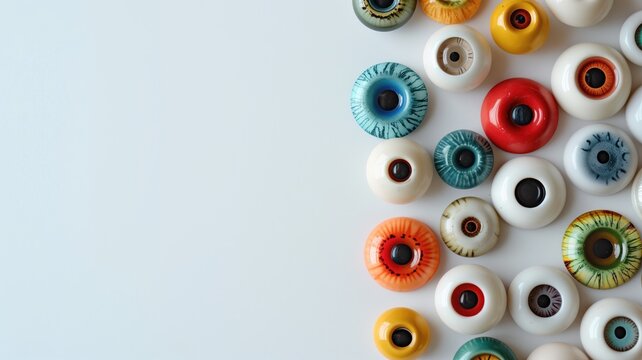 Assorted artificial eyeballs with various colors on a white background