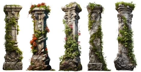 An antique column set with overgrown foliage and flowers, old architecture pillars, and nature, Mideveil and Asian ruins style , isolated on a transparent background, PNG