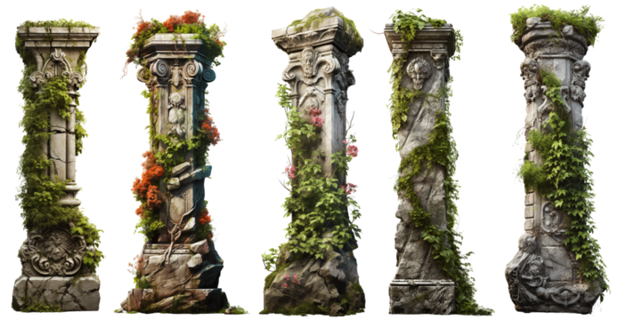 An antique column set with overgrown foliage and flowers, old architecture pillars, and nature, Mideveil and Asian ruins style , isolated on a transparent background, PNG