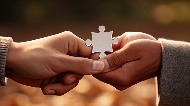 A picture of a couple holding hands, with a puzzle piece in the center of their palms. This image represents the bond and connection between two individuals in a loving relationship.
