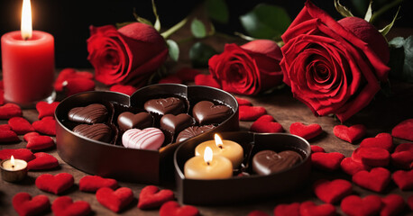 red roses, candles, chocolates