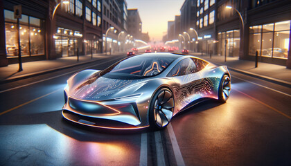 Sleek electric vehicle with 90s-inspired design in urban setting.