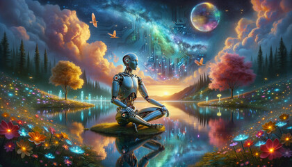 Futuristic humanoid robot contemplating by serene lake in surreal digital landscape. - obrazy, fototapety, plakaty