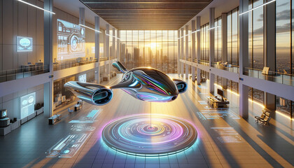Futuristic AI drone with holographic display in modern research facility.