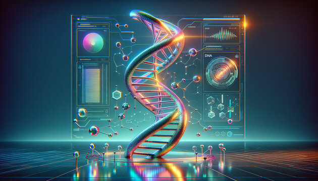 Bioinformatics DNA Double Helix Structure with Metallic Iridescent Sheen