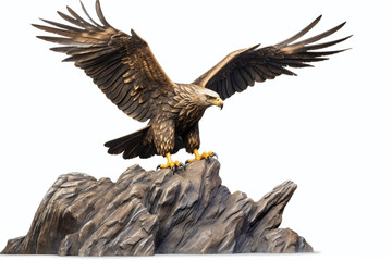 Fototapeta premium The golden eagle statue spreads its wings to catch fish on the rock. isolated on white background