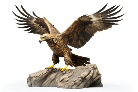 The golden eagle statue spreads its wings to catch fish on the rock. isolated on white background