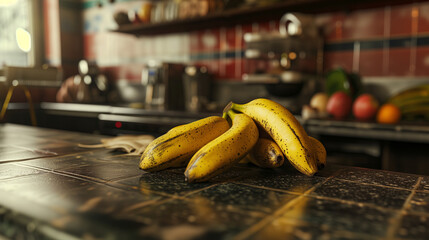 キッチンのテーブルにおいてあるバナナ - obrazy, fototapety, plakaty