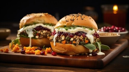 This slider delights with its harmonious balance of flavors, as a tender ground turkey patty infused with aromatic herbs rests on a bed of quinoa and cranberry relish, enhanced by a sliver - obrazy, fototapety, plakaty