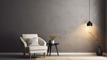 A contemporary interior design featuring a single chair in a creamy off-white shade, set against a dark grey wall