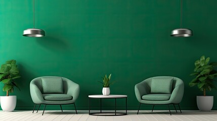 A minimalist interior design featuring a clean, symmetrical layout, isolated on a vibrant green background