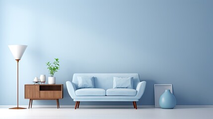 A minimalist modern interior design, with a light blue wall and a few pieces of furniture