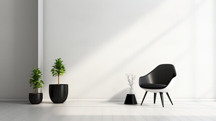 A minimalist, contemporary interior design featuring a white and black color scheme, with a single chair in the center of the room