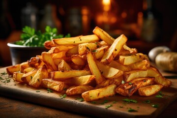 Loaded with character, these thick fries showcase their rustic origins, with their rustic appearance hinting at the masterful hand that sliced them and the meticulous frying that turned - obrazy, fototapety, plakaty