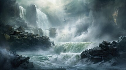 A raging river crashing against the rocks, the power of the water creating a thunderous roar