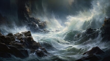A raging river crashing against the rocks, the power of the water creating a thunderous roar - Powered by Adobe