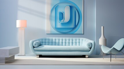 An abstract modern interior design, with a light blue background and a unique arrangement of furniture